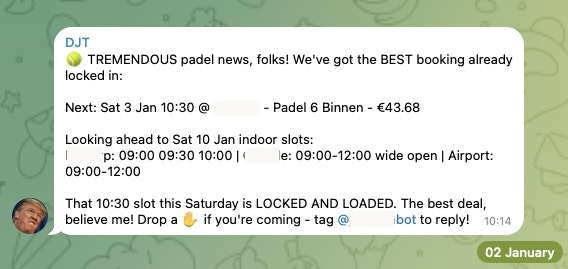 OpenClaw checks padel availability and assists with booking