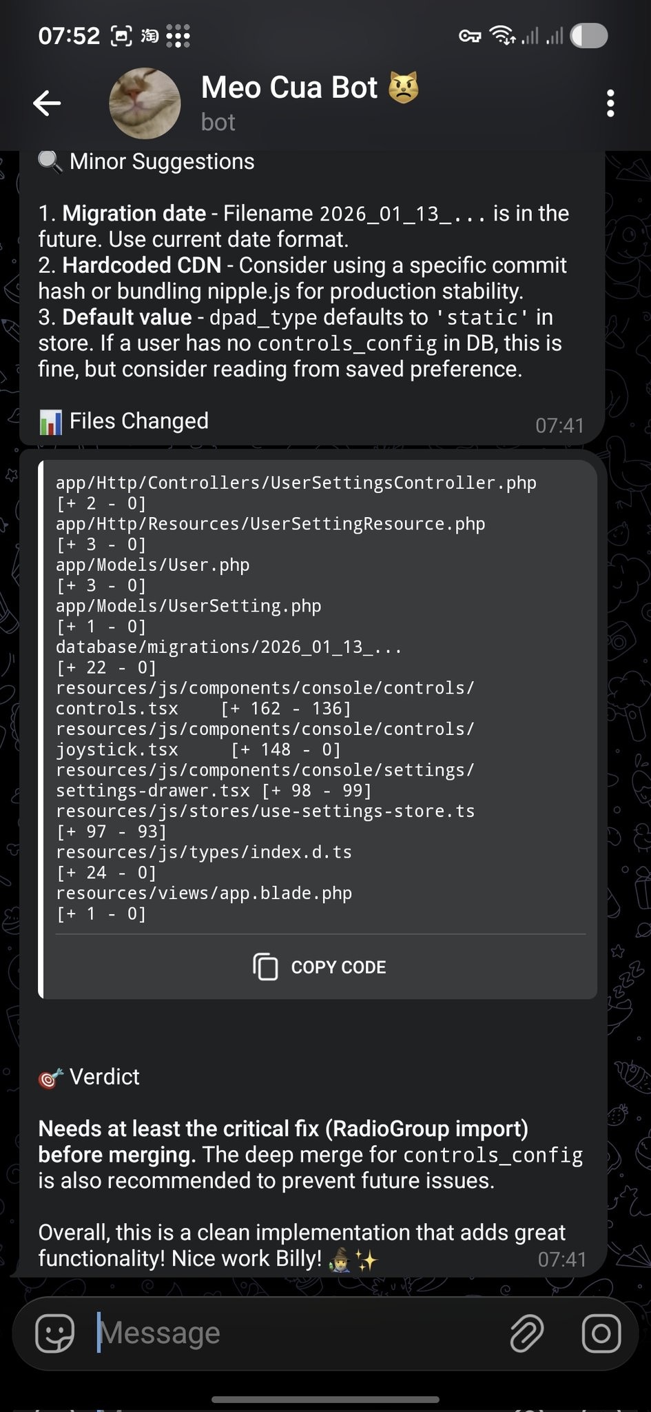 OpenClaw reviews a GitHub pull request and sends structured feedback to Telegram